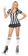 Female sports referee, costume dress, pleats, front zipper, vertical stripes